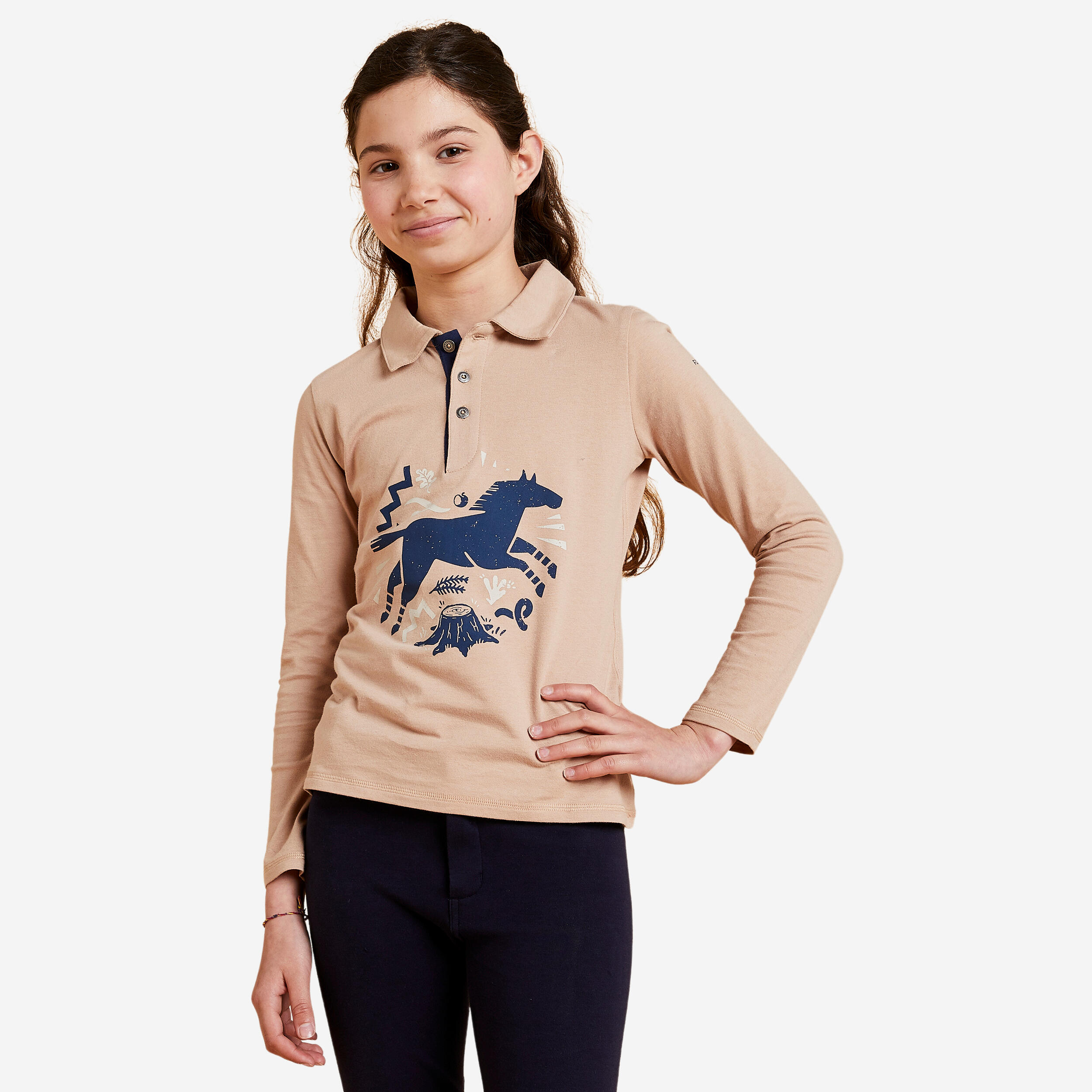 FOUGANZA Girls' Long-Sleeved Horse Riding Polo Shirt 100 - Beige/Navy