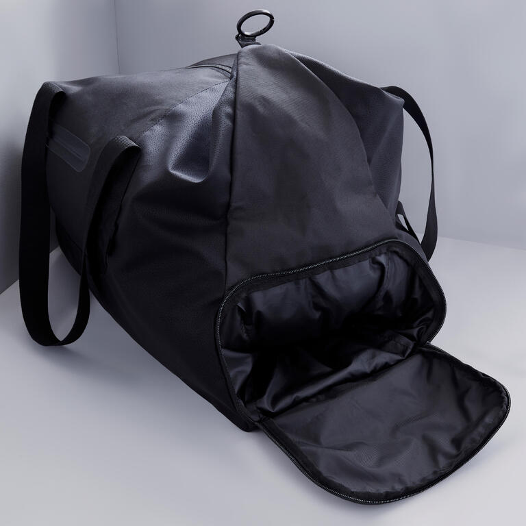 Black 50L sports duffle bag with an open end compartment.