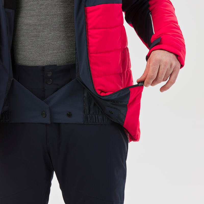Warme halflange ski-jas voor heren 100 marineblauw/rood