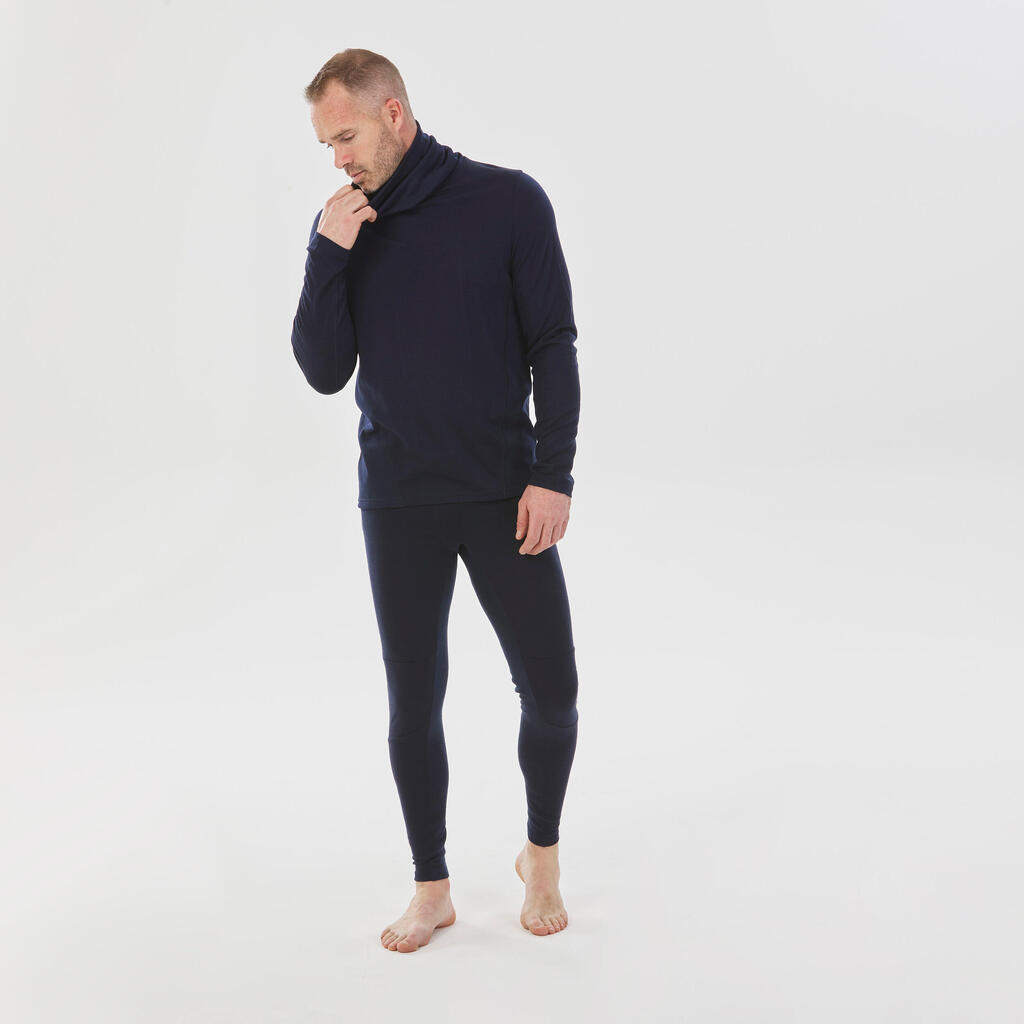 Men’s round-collared wool ski base layer top, BL500 - Navy Blue