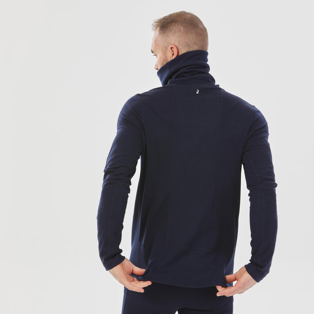 Men’s round-collared wool ski base layer top, BL500 - Navy Blue