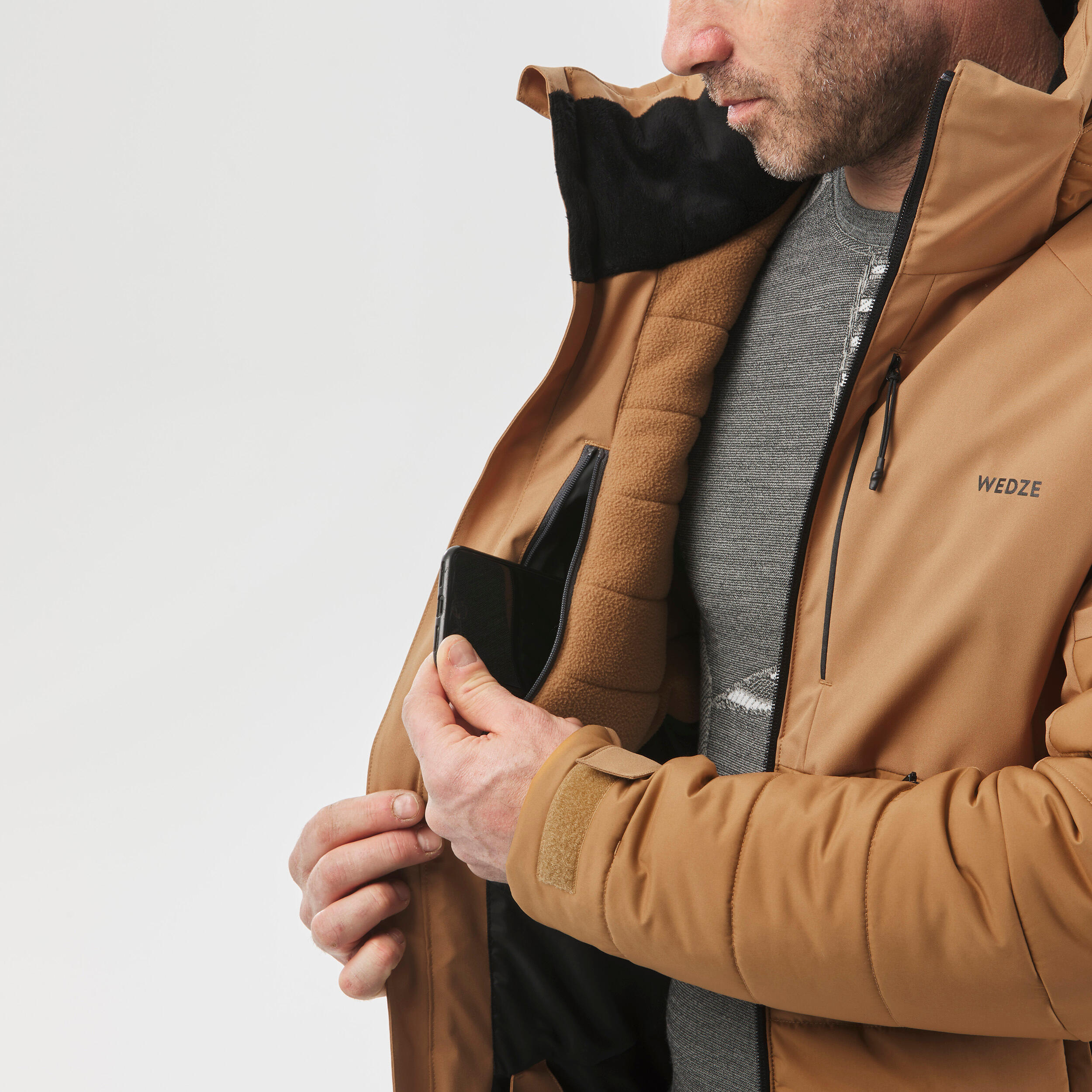 Men’s warm mid-length ski and snowboard jacket,  100 - Brown 5/11