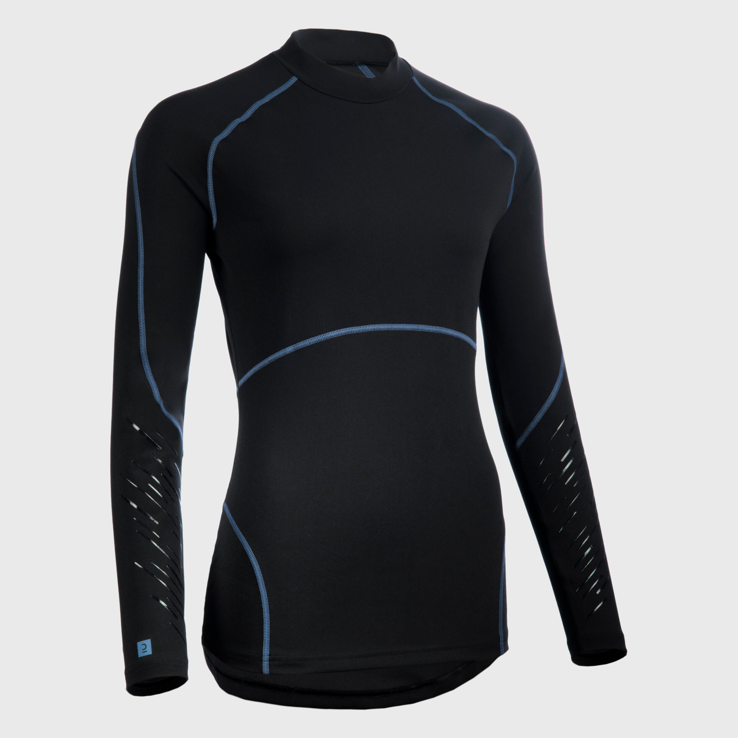 Women's Long-Sleeved Rugby Base Layer 500 - Black/Stormy Blue 1/4