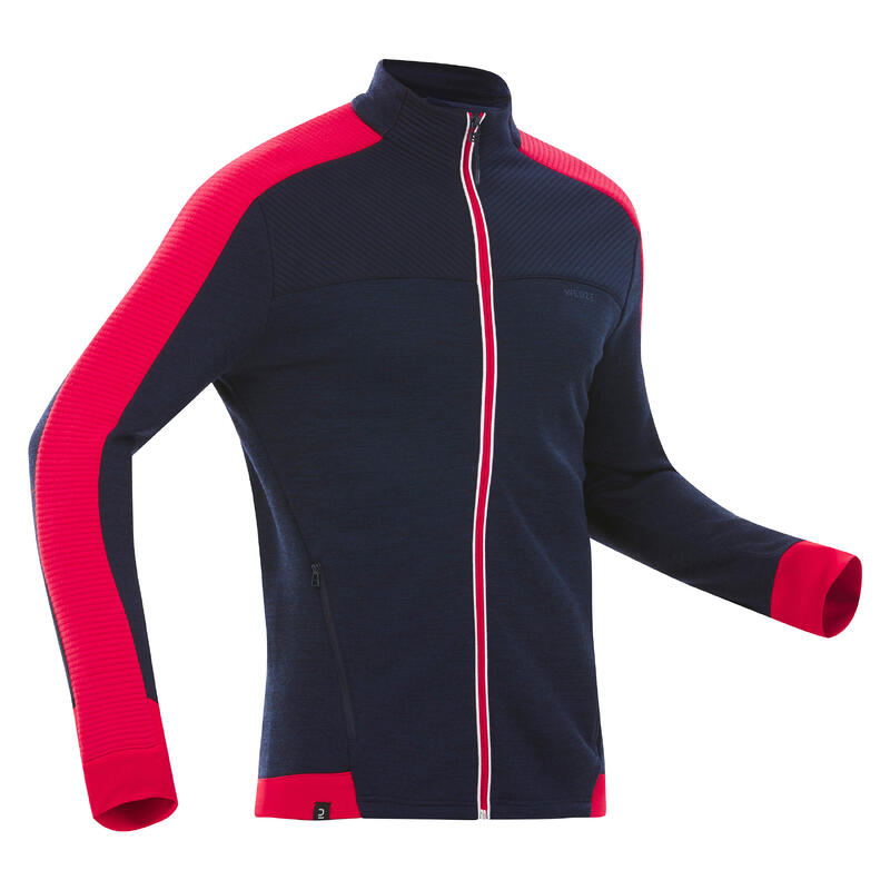Fleece vest voor skiën heren 500 Warm merino marineblauw rood