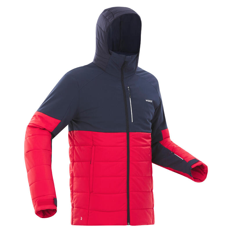 Warme halflange ski-jas voor heren 100 marineblauw/rood