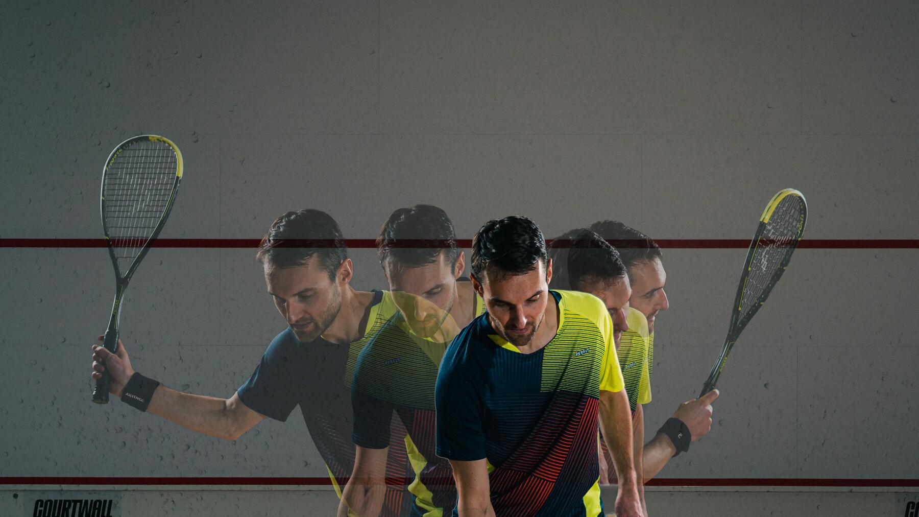 Eine chronophotographische Montage eines Squashspielers, der eine Vorhand ausführt.