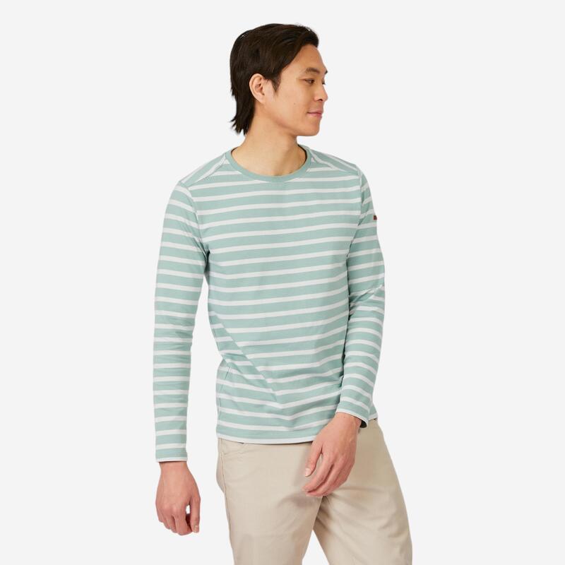 Camiseta vela manga larga marinera Hombre Tribord Saling 100 rayas verde claro