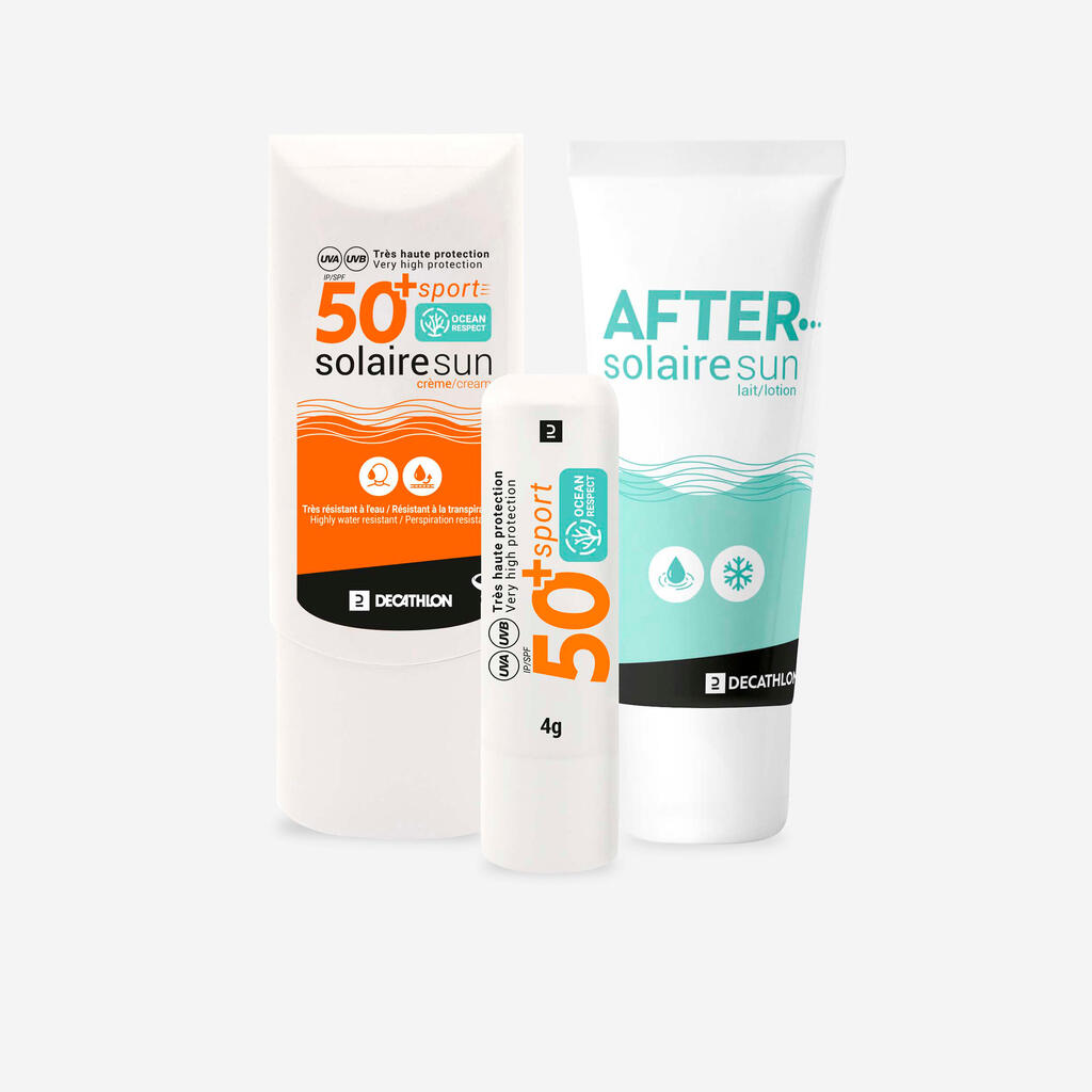 Päikesekomplekt: SPF 50+ kreem/huulepalsam faktoriga 50+/päevitusjärgne kreem