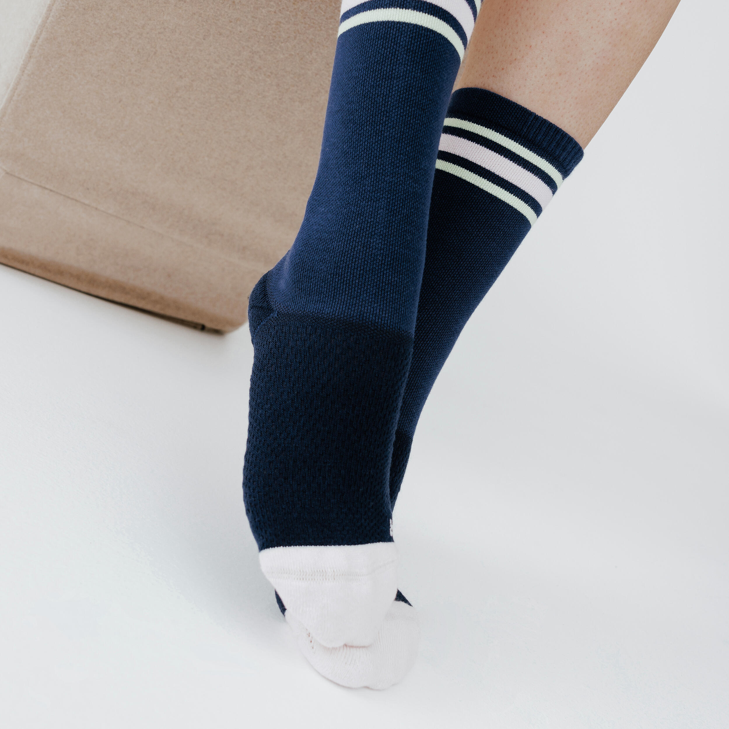 Chaussettes hautes rayures, bandes - lot de 2 paires bleu marine et beige 3/9