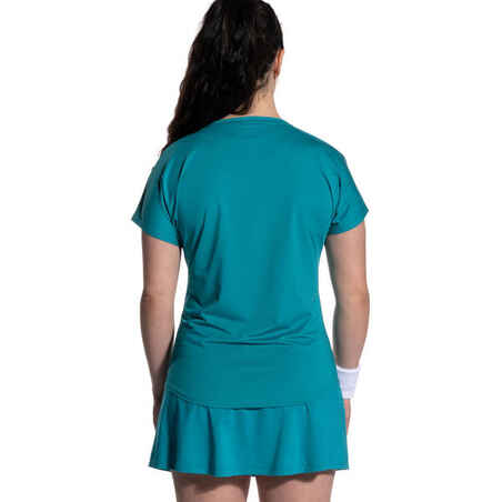Moteriški orui pralaidūs trumparankoviai padelio marškinėliai su V formos apykakle „500“, turkio spalvos