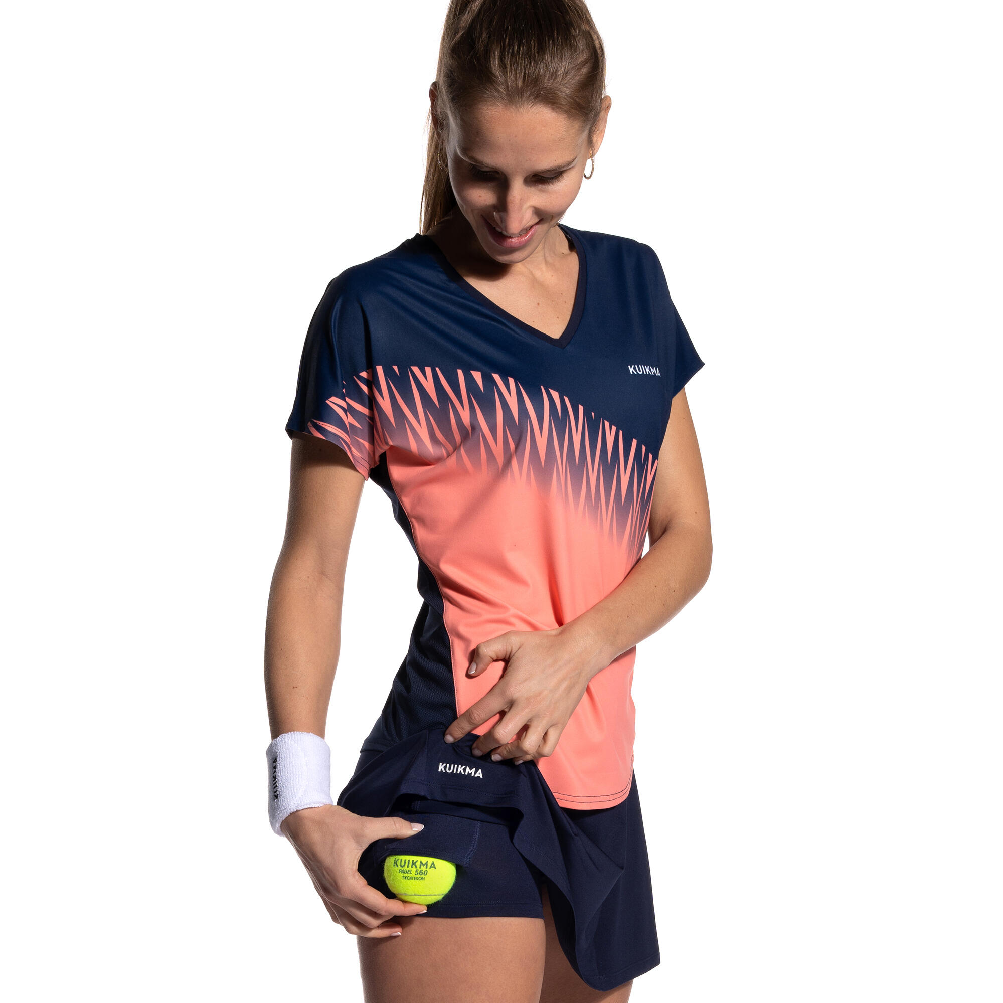 Women's Short-Sleeved Breathable Padel T-Shirt 500 - Blue/Coral 5/8