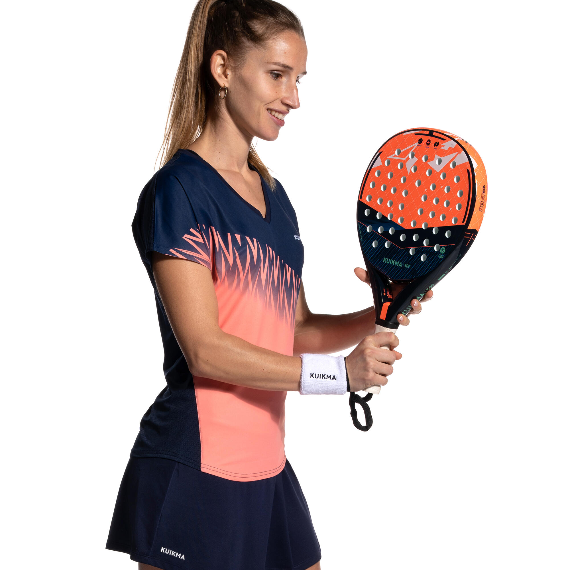 Women's Short-Sleeved Breathable Padel T-Shirt 500 - Blue/Coral 4/8