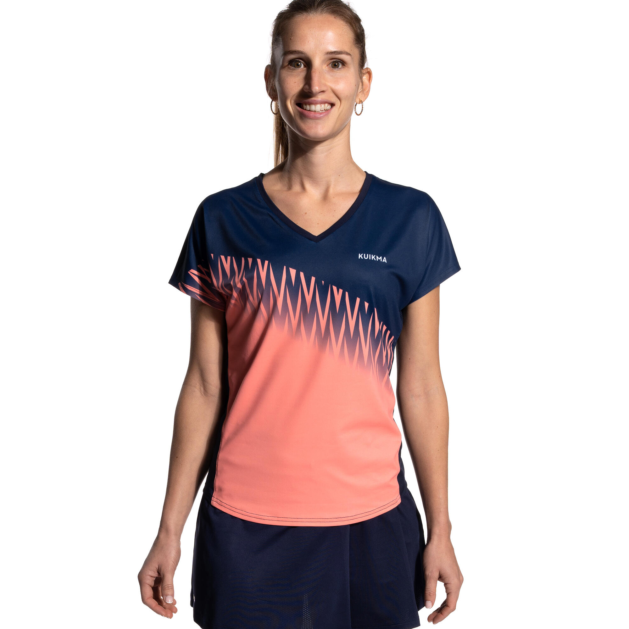 Women's Short-Sleeved Breathable Padel T-Shirt 500 - Blue/Coral 1/8