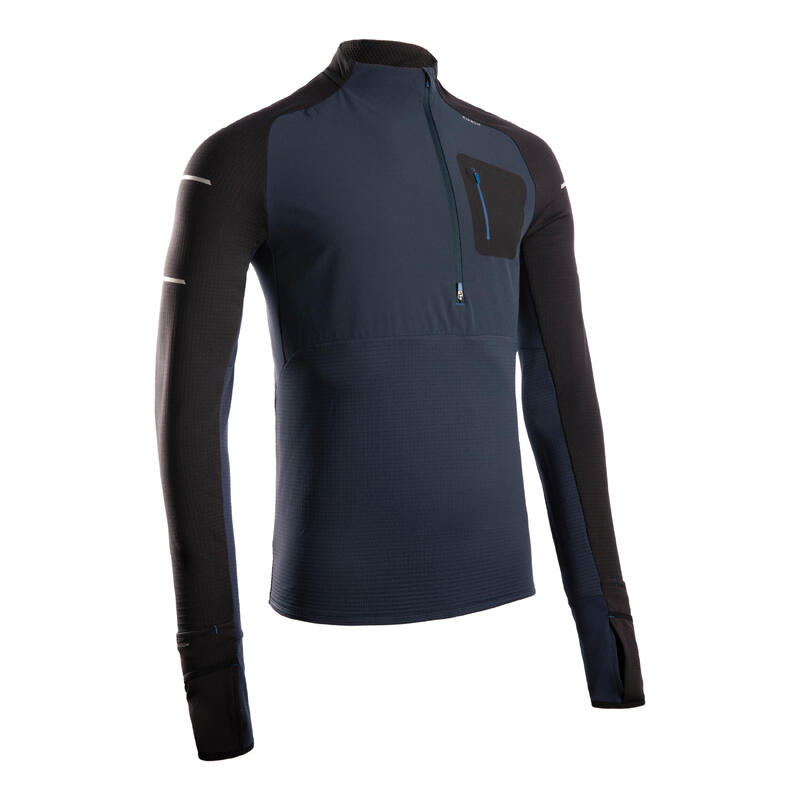 Pánské běžecké tričko s dlouhým rukávem Kiprun Warm Regul modro-černé 