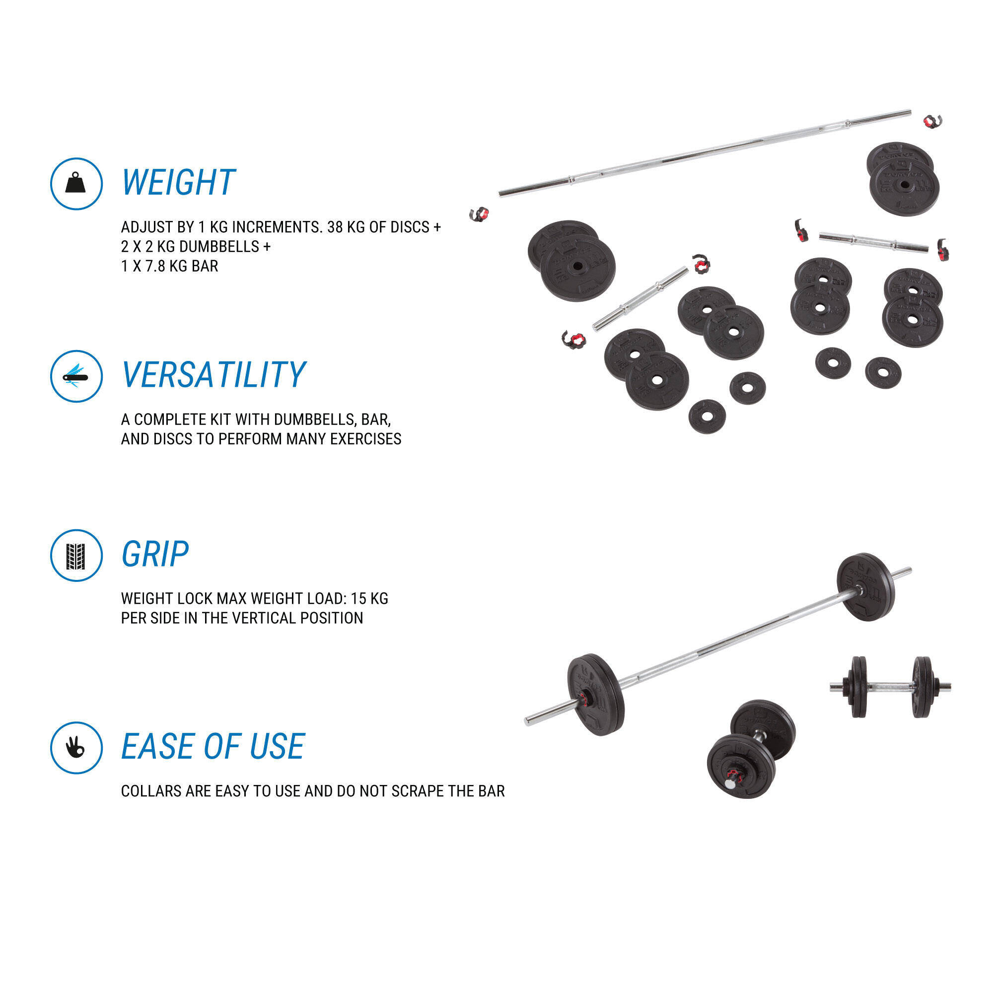 Versatile Weight Training Kit 50Kg with Plates, Barbell and Dumbbell Bars -Black -  4