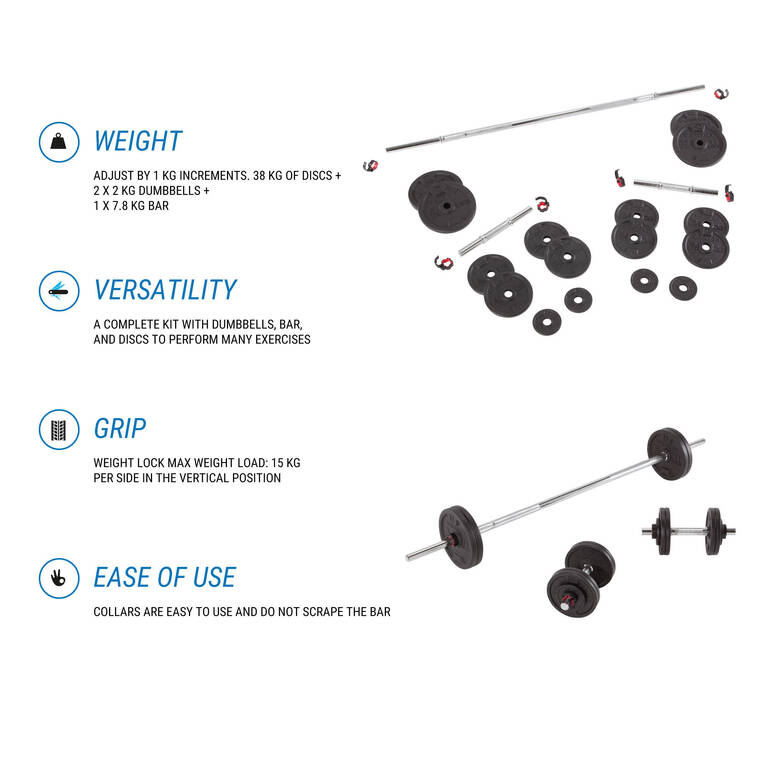 Durable cast iron weight training dumbbells and bars set, 50 kg