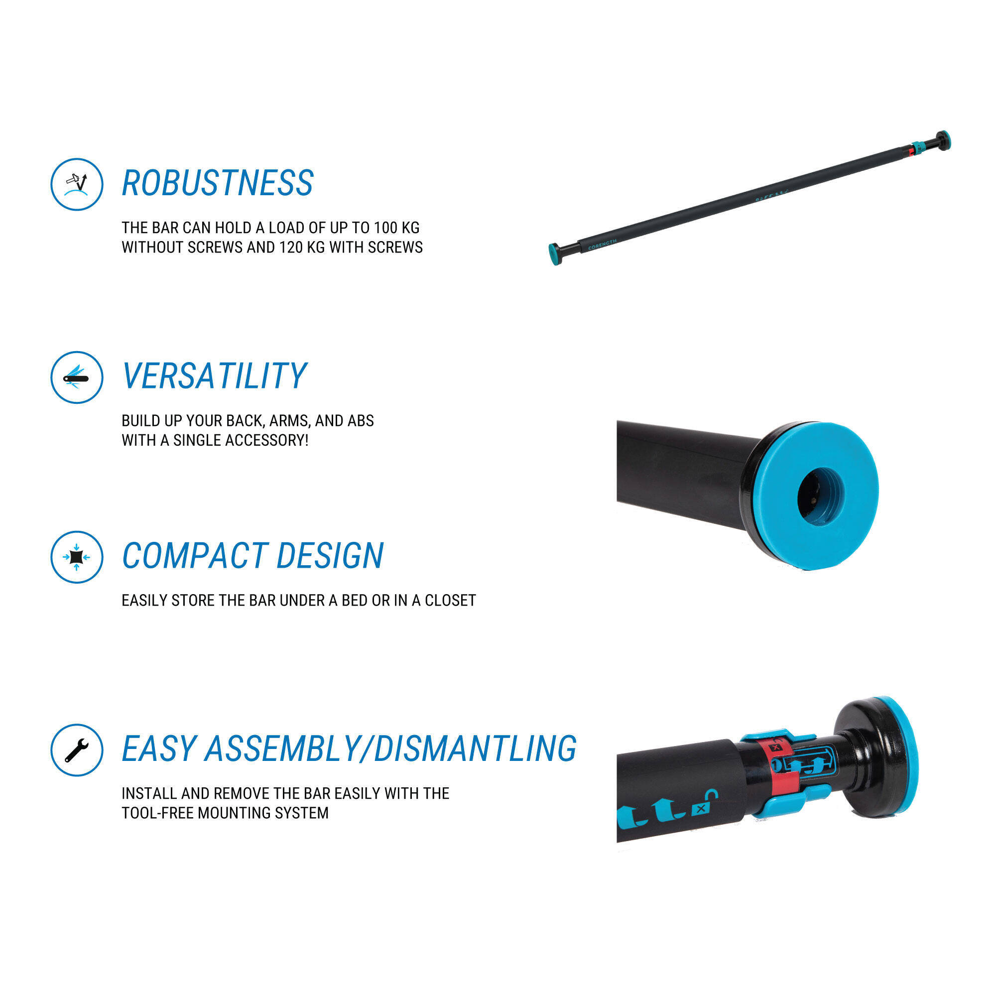 Weight Training Door Lockable Pull Up Bar, Supports upto 100-120kg, 100cm long -  5