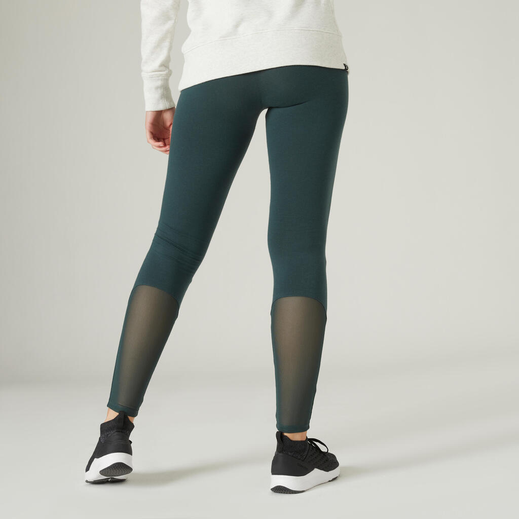 Stretchy High-Waisted Cotton Fitness Leggings with Mesh - Green