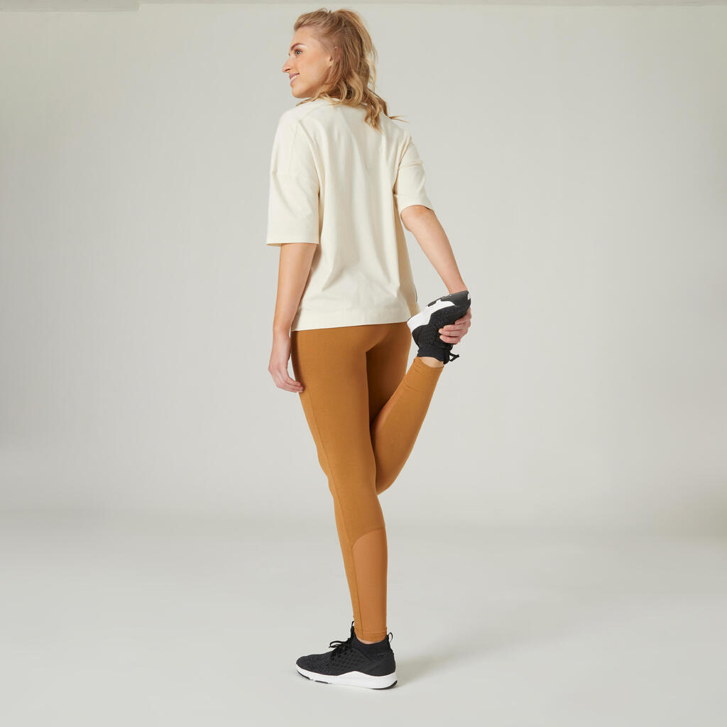 Stretchy High-Waisted Cotton Fitness Leggings with Mesh - Hazelnut