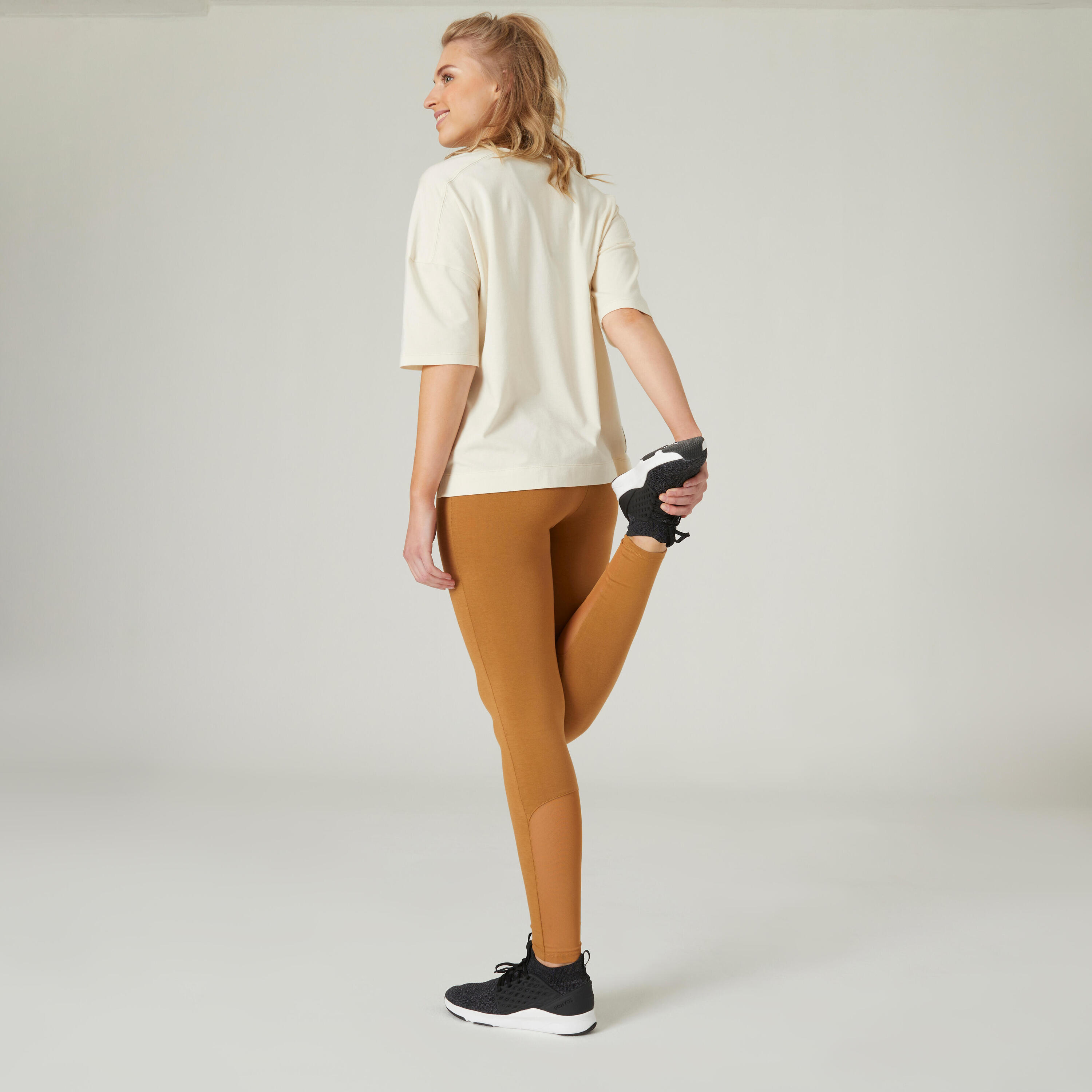 Stretchy High-Waisted Cotton Fitness Leggings with Mesh - Hazelnut 6/7