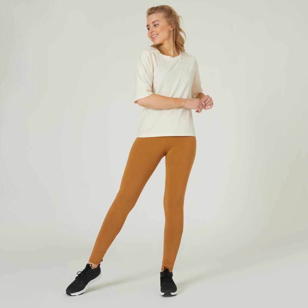 Stretchy High-Waisted Cotton Fitness Leggings with Mesh - Hazelnut