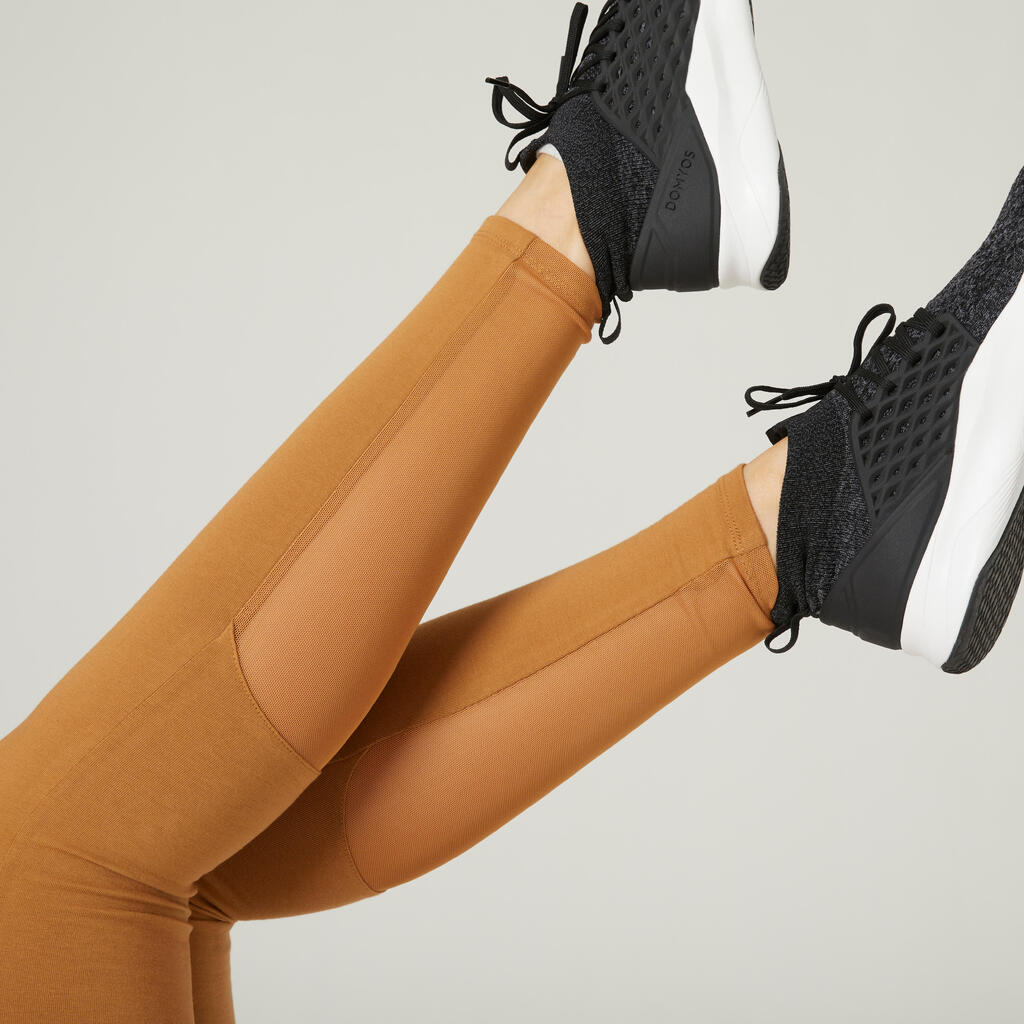 Stretchy High-Waisted Cotton Fitness Leggings with Mesh - Brown