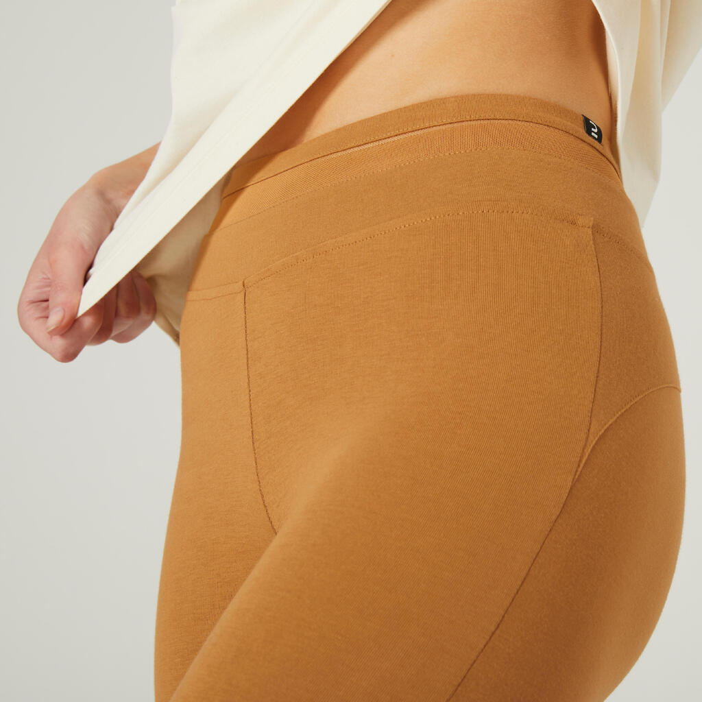 Stretchy High-Waisted Cotton Fitness Leggings with Mesh - Hazelnut