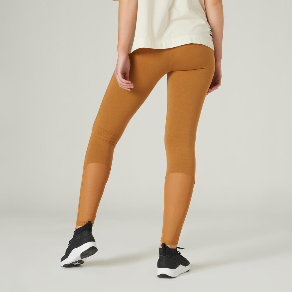 Stretchy High-Waisted Cotton Fitness Leggings with Mesh - Hazelnut