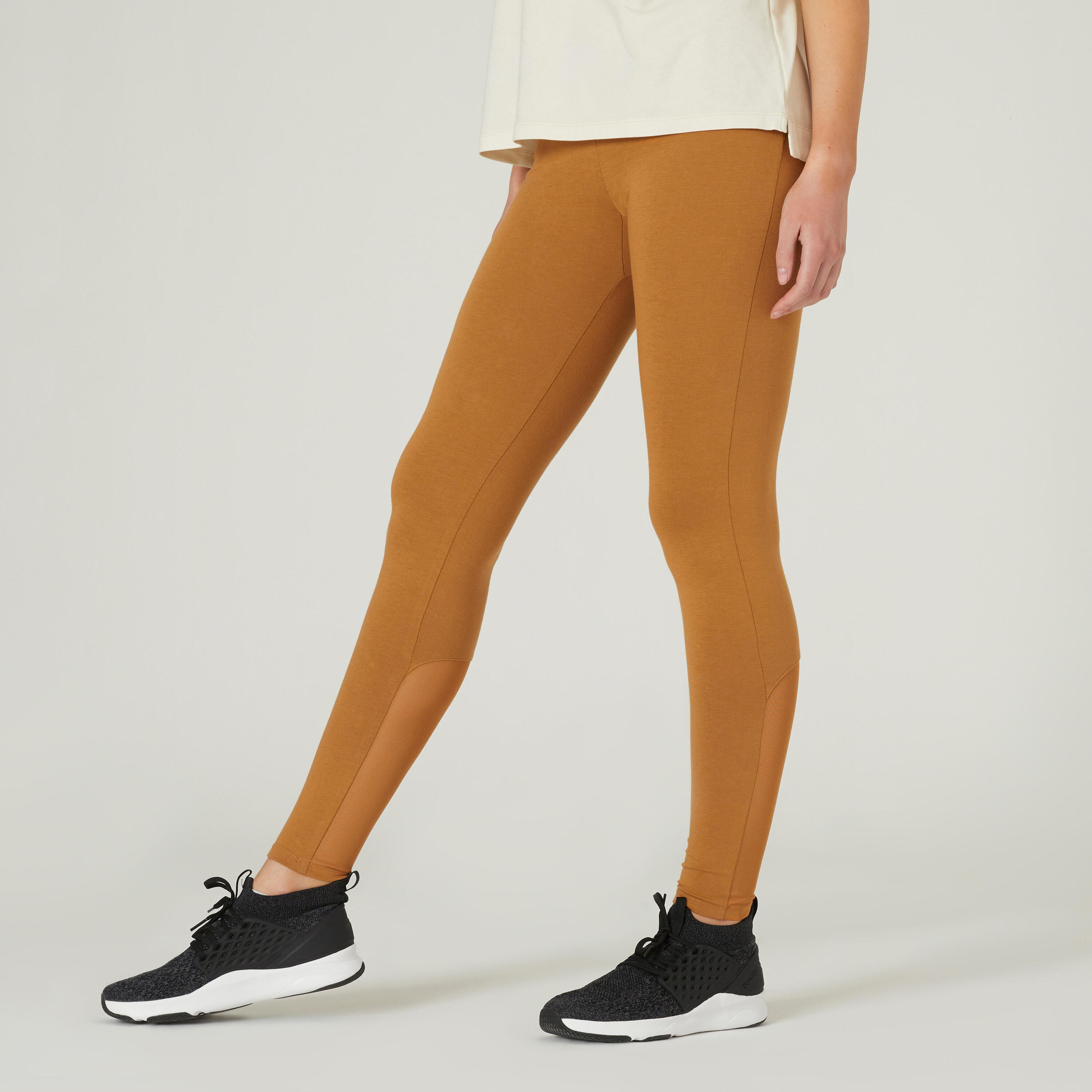 Stretchy High-Waisted Cotton Fitness Leggings with Mesh - Hazelnut 1/7