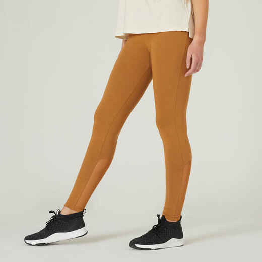 
      Stretchy High-Waisted Cotton Fitness Leggings with Mesh - Hazelnut
  