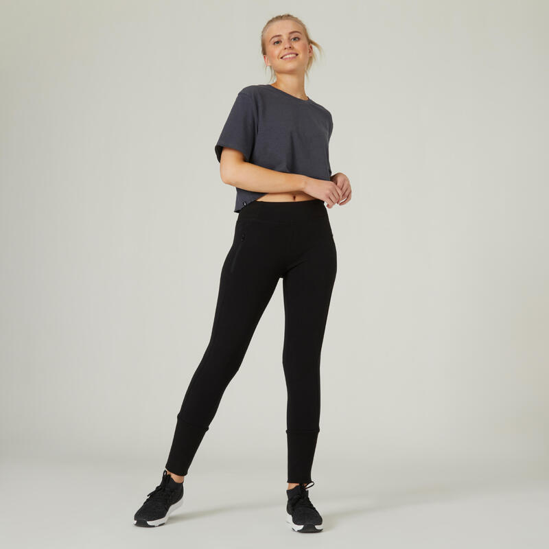 Pantalón jogger fitness ajustado algodón con bolsillos Mujer Domyos 520 negro
