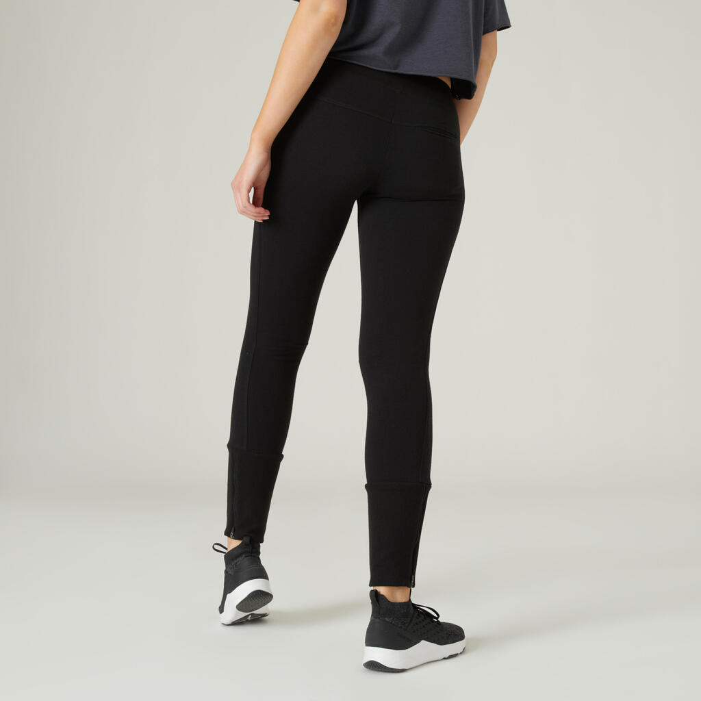 Women's Slim-Fit Fitness Jogging Bottoms with Ankle Zips 520 - Black