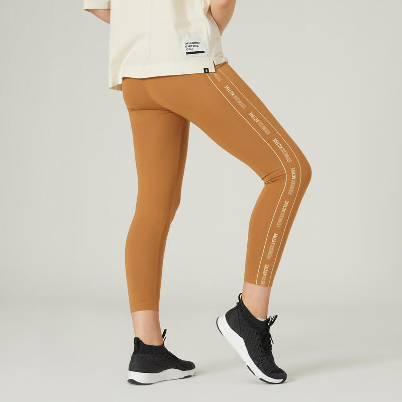 Fitness legging dames Fit+ 500 7/8-lengte geelbruin met print