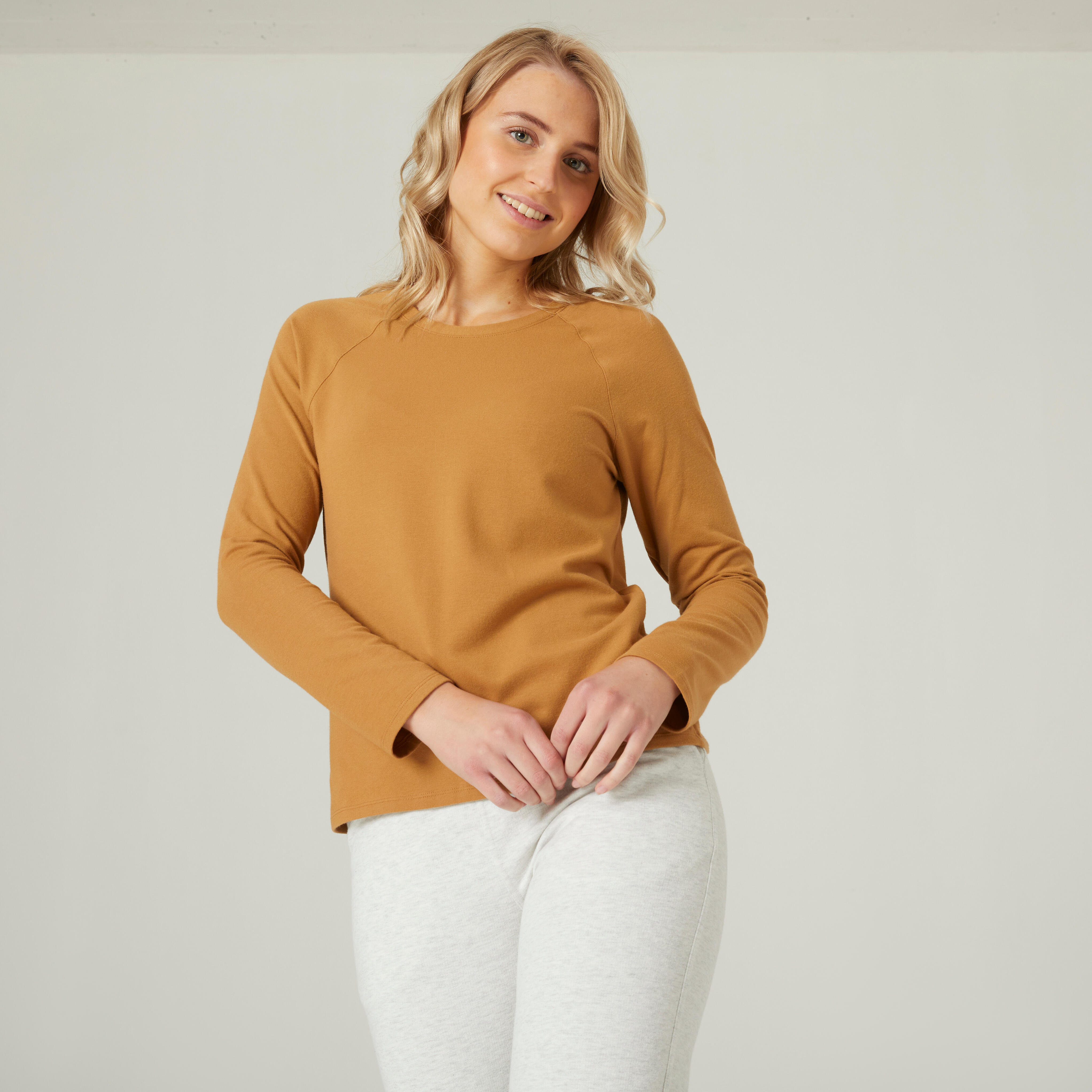 Women's Fitness Long Sleeve T-Shirt - 500 Hazelnut