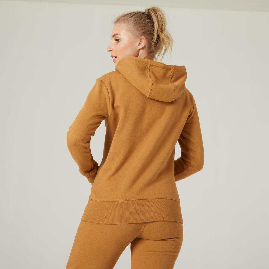 Women's Fitness Long Hoodie Essentials 500 - Hazelnut