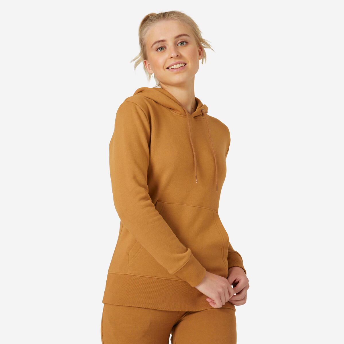 Sweat à capuche en coton fitness femme, marron caramel