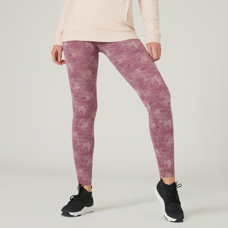 Női leggings fitneszhez Fit+, 500-as, pamut, lila, mintás 