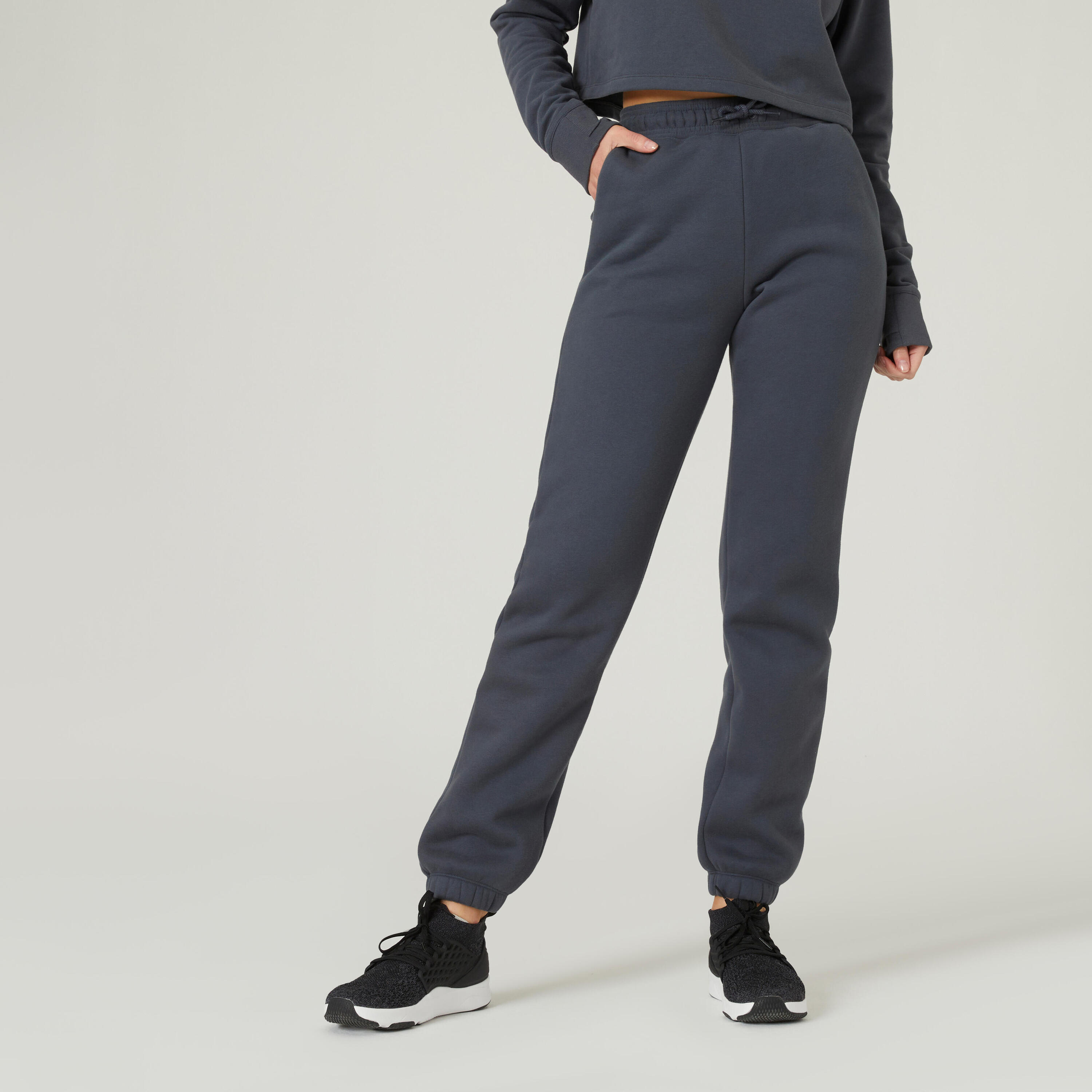 Pantaloni donna fitness 520 loose misto sintetico grigi 1/7