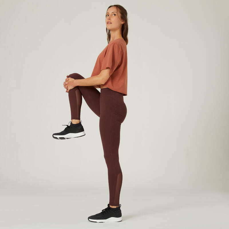 Legging Coton Extensible Fitness Taille Haute avec Mesh Marron