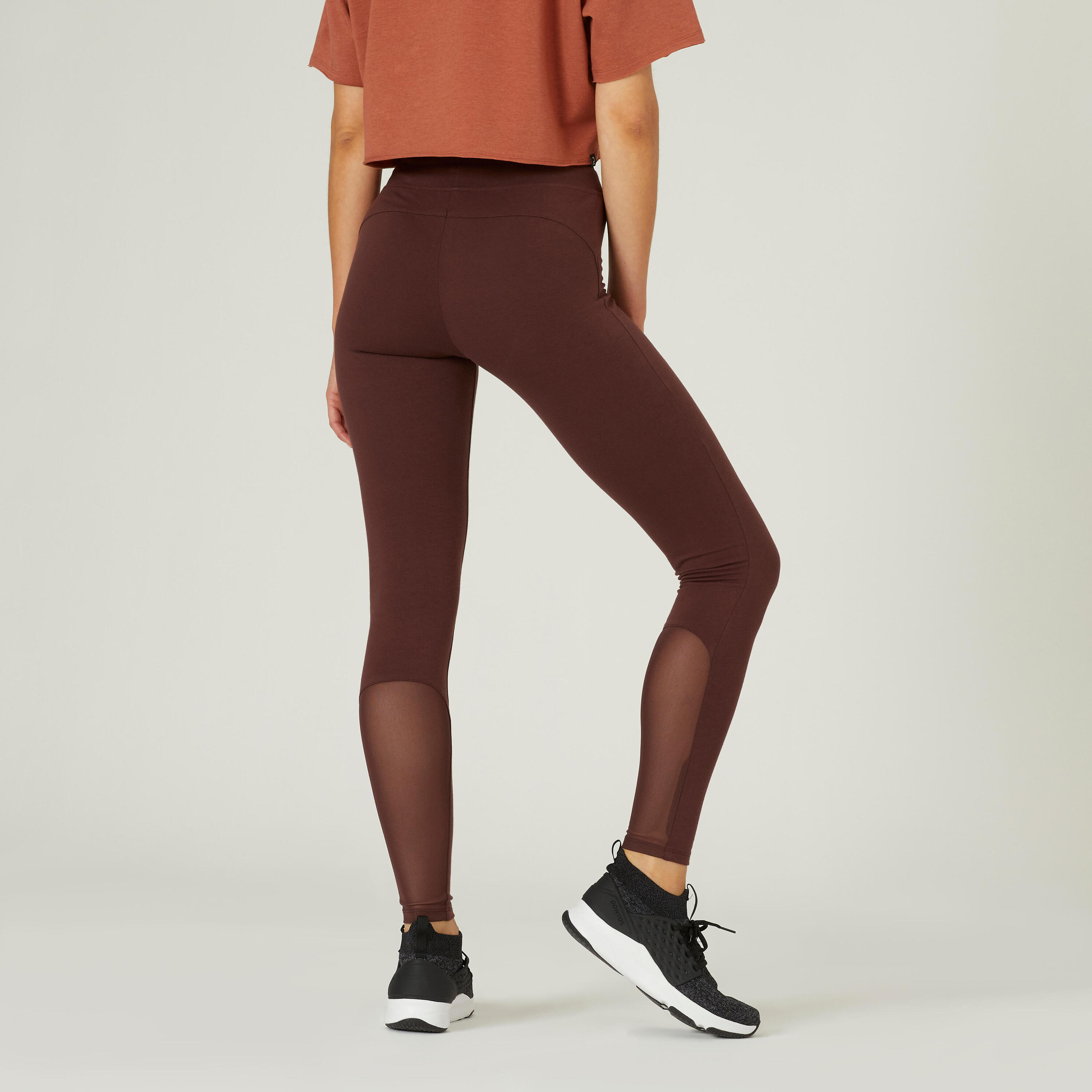 Stretchy High-Waisted Cotton Fitness Leggings with Mesh - Brown 2/7