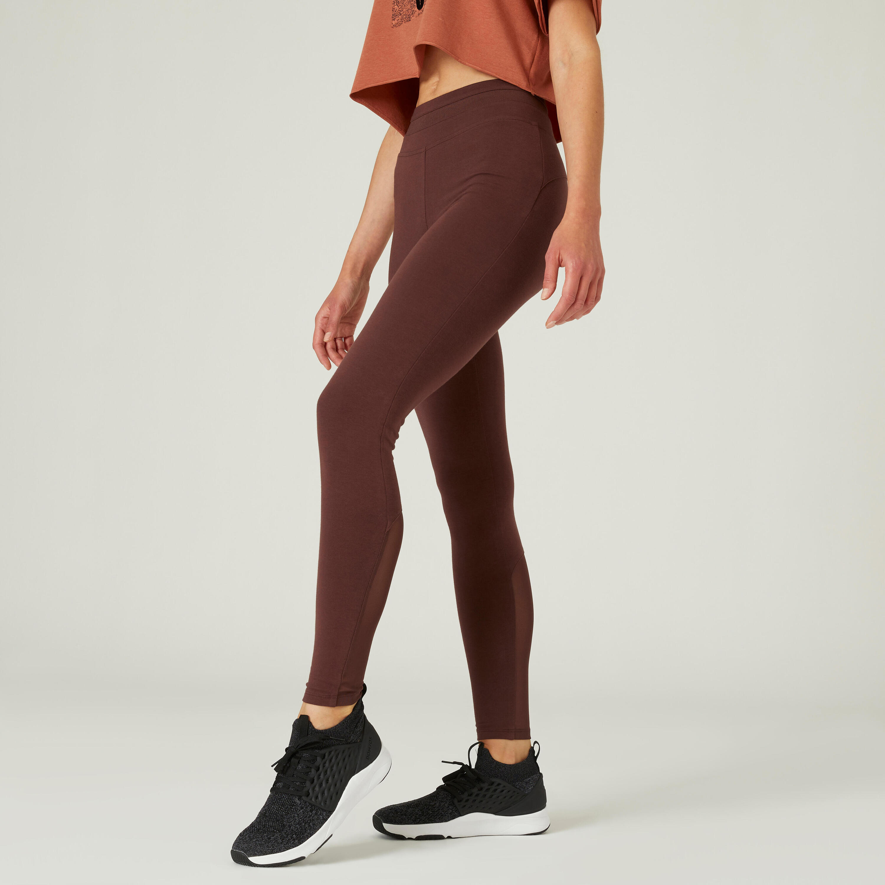 Stretchy High-Waisted Cotton Fitness Leggings with Mesh - Brown 1/7