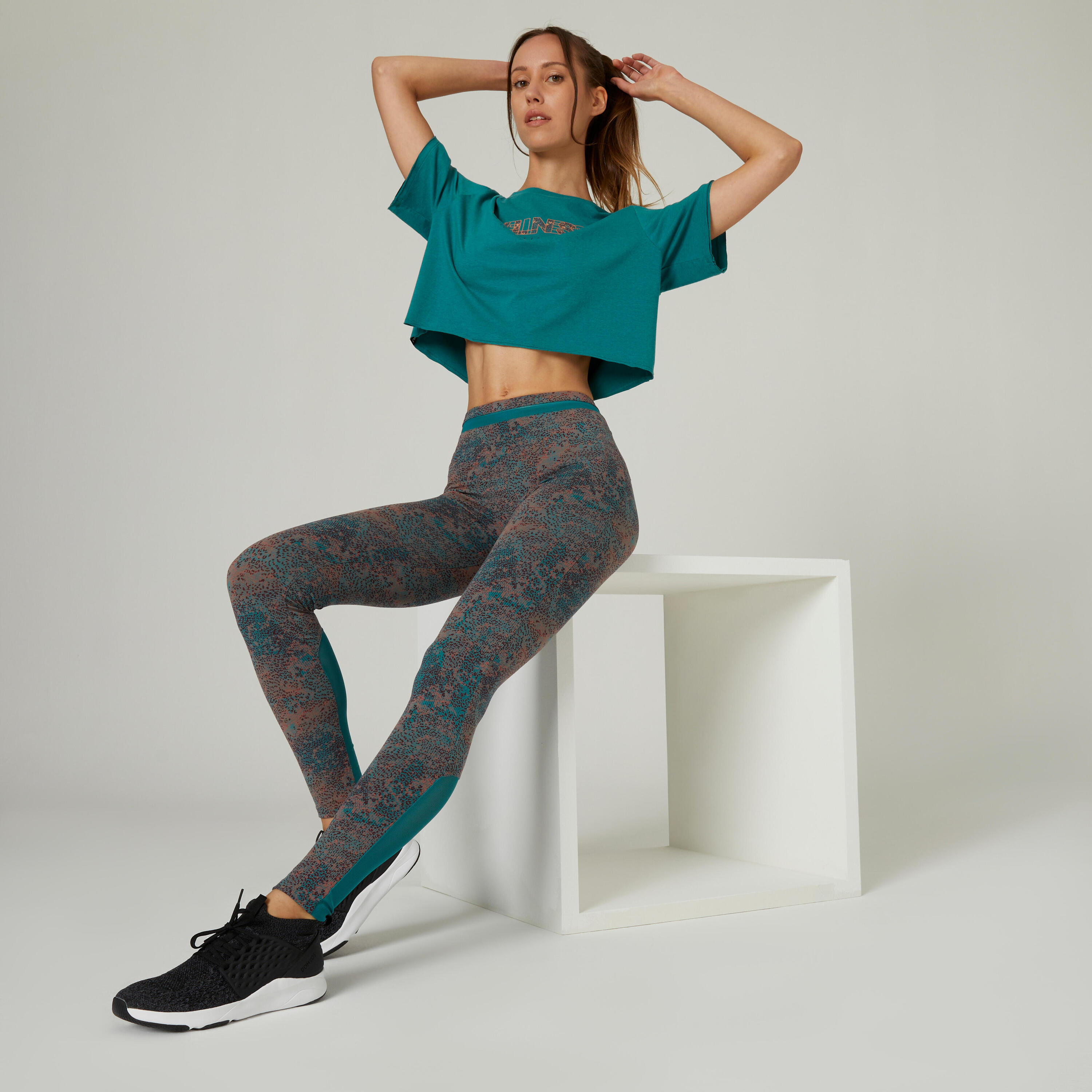 Stretchy High-Waisted Cotton Fitness Leggings with Mesh - Green Print 3/7