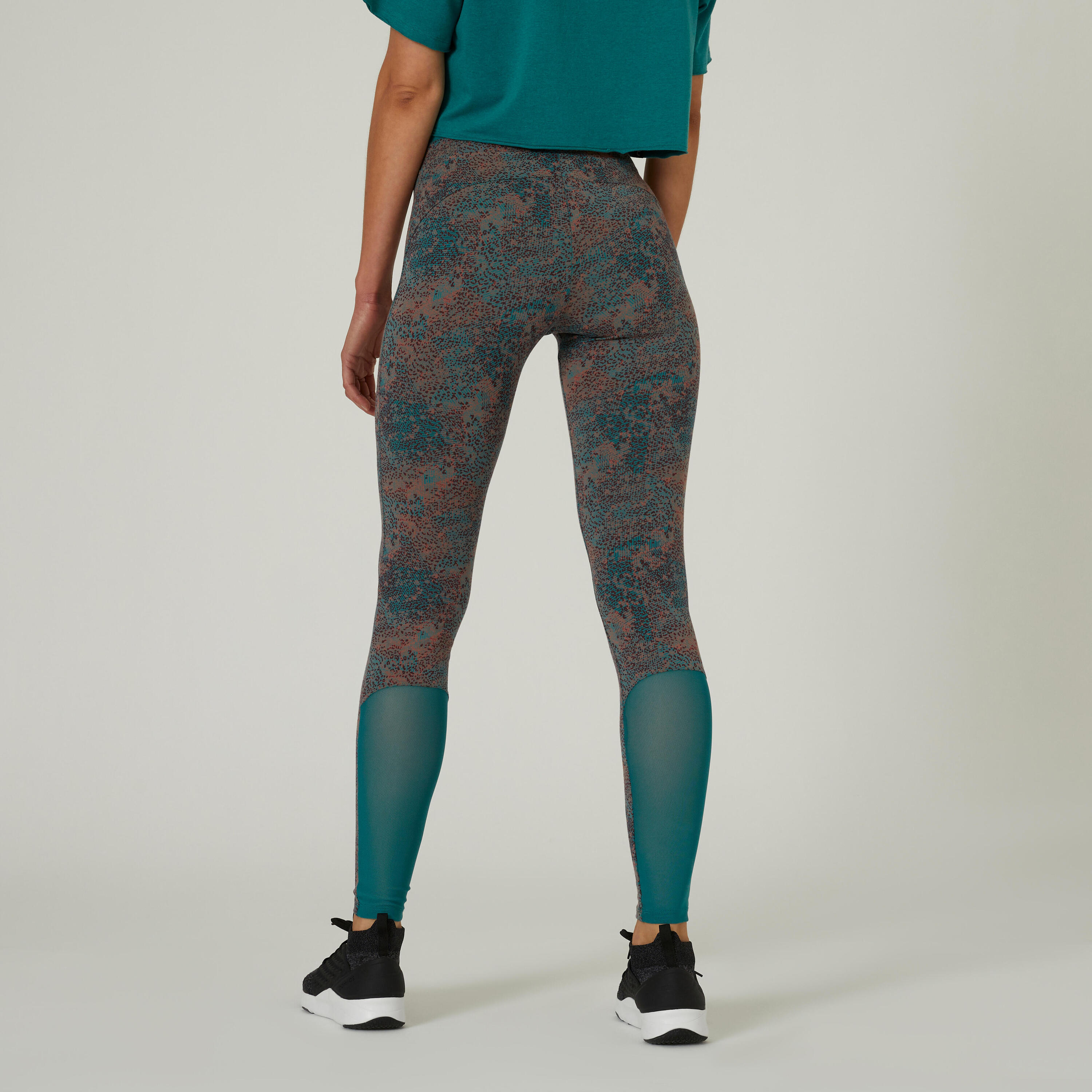 Stretchy High-Waisted Cotton Fitness Leggings with Mesh - Green Print 2/7