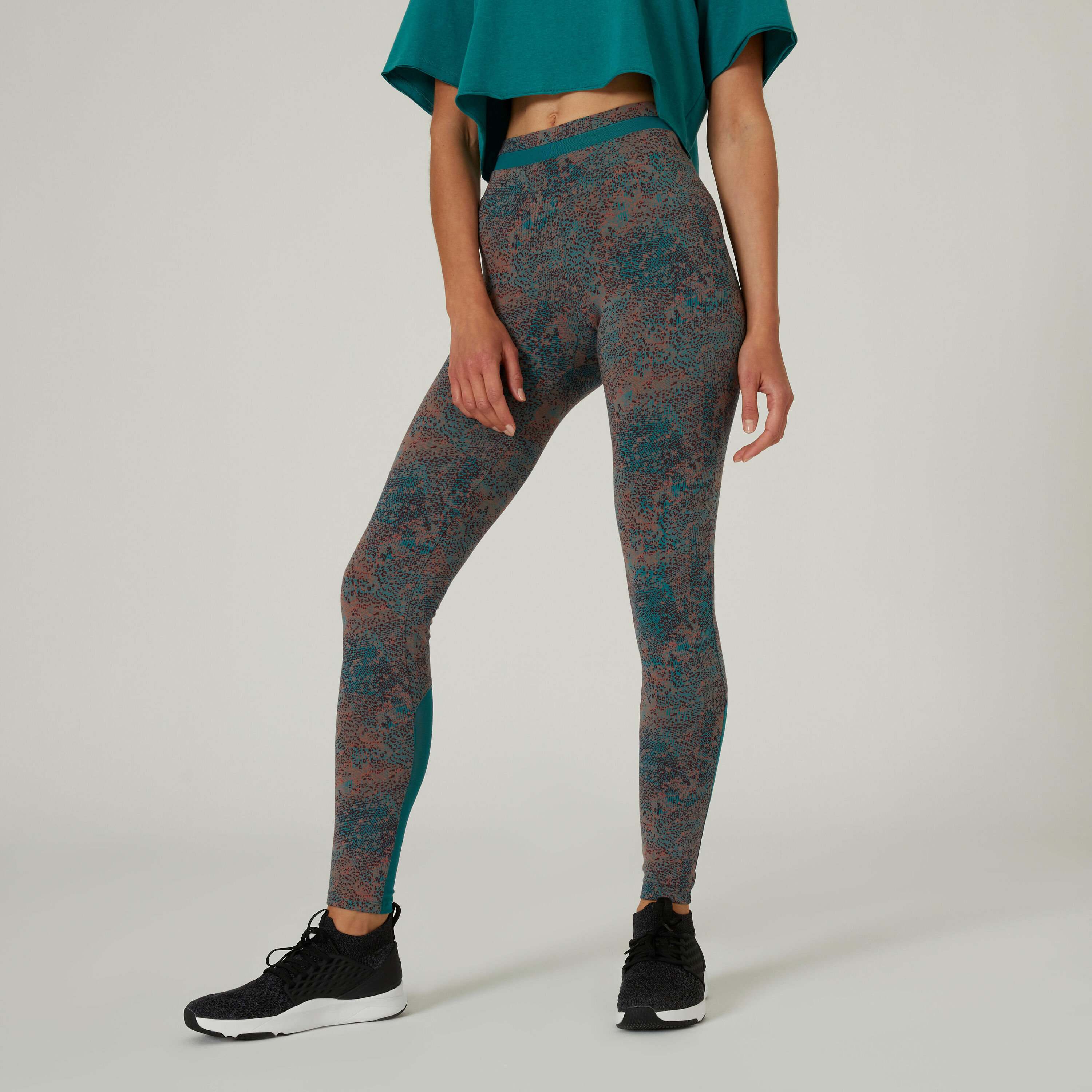 DOMYOS Stretchy High-Waisted Cotton Fitness Leggings with Mesh - Green Print