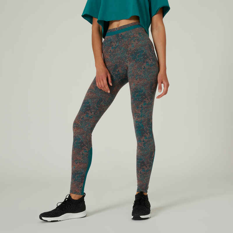 Leggings Fitness Baumwolle dehnbar hohe Taille Mesh Damen grün mit Print