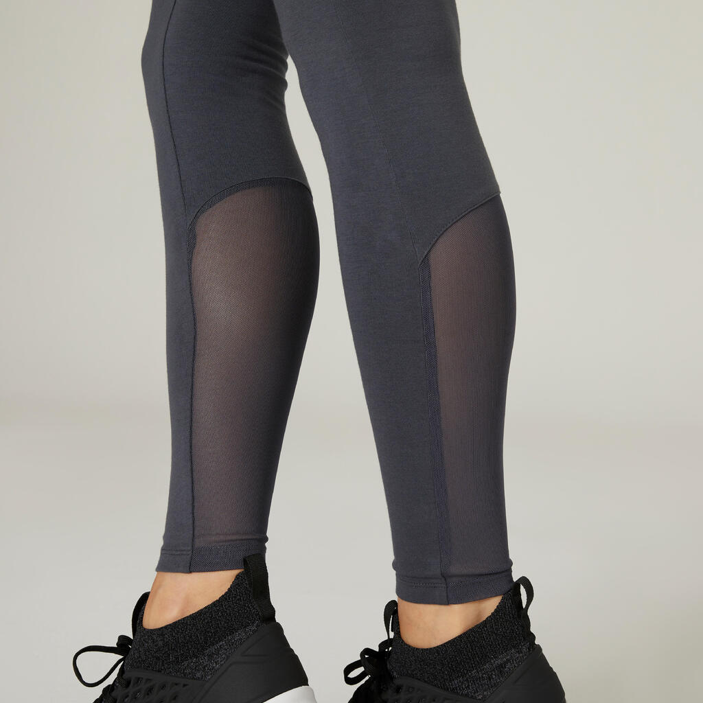 Stretchy High-Waisted Cotton Fitness Leggings with Mesh - Grey