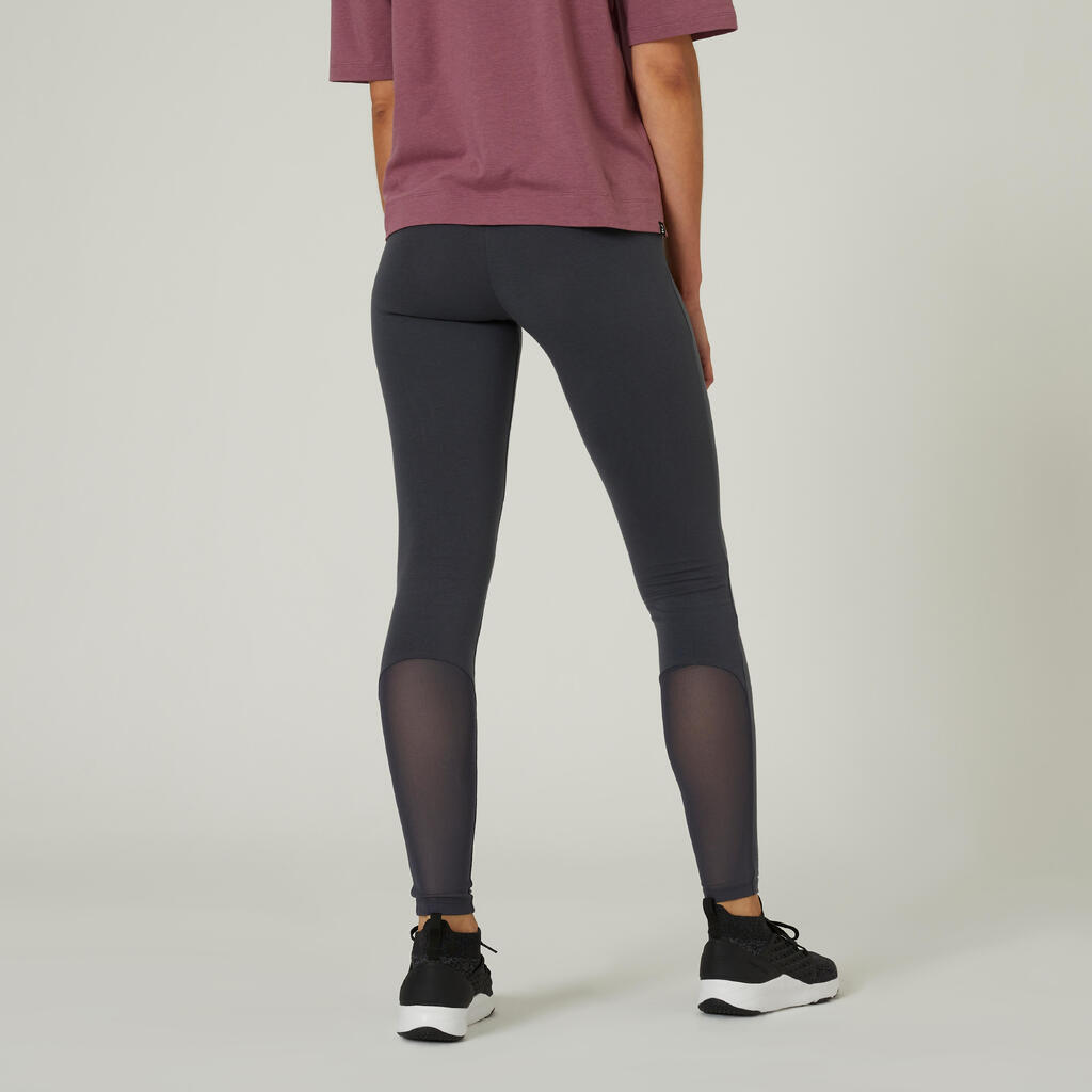 Stretchy High-Waisted Cotton Fitness Leggings with Mesh - Grey