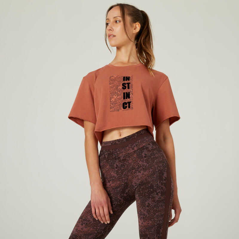 T-shirt crop top fitness manches courtes droit col rond coton femme - 520 sépia