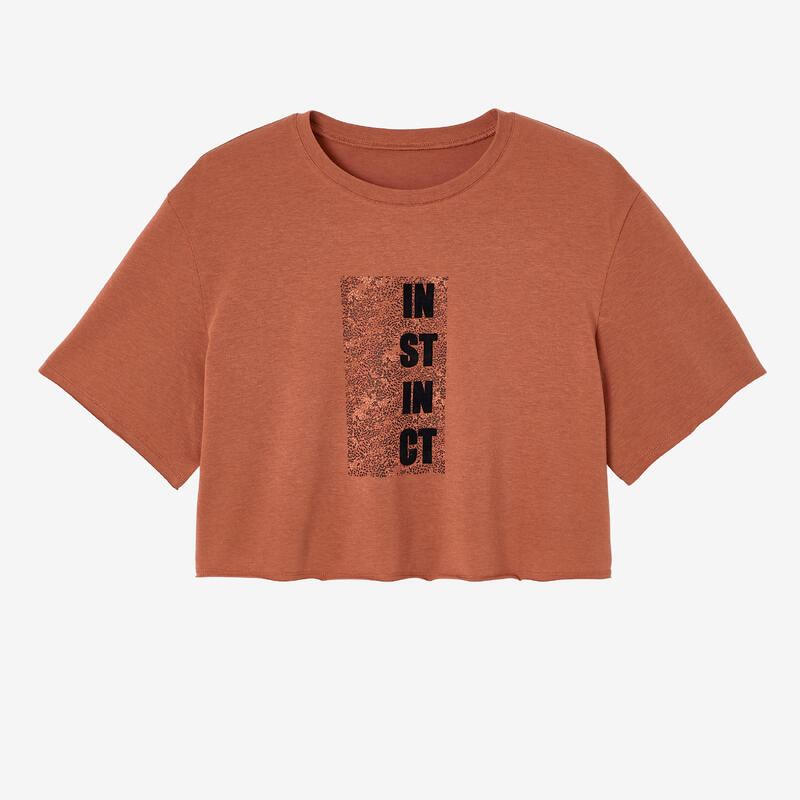 Dámské fitness tričko Crop Top 520 s krátkým rukávem bavlněné sépiové