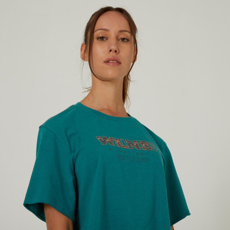 Cropped T-shirt voor fitness dames katoen recht model ronde hals 520 groen